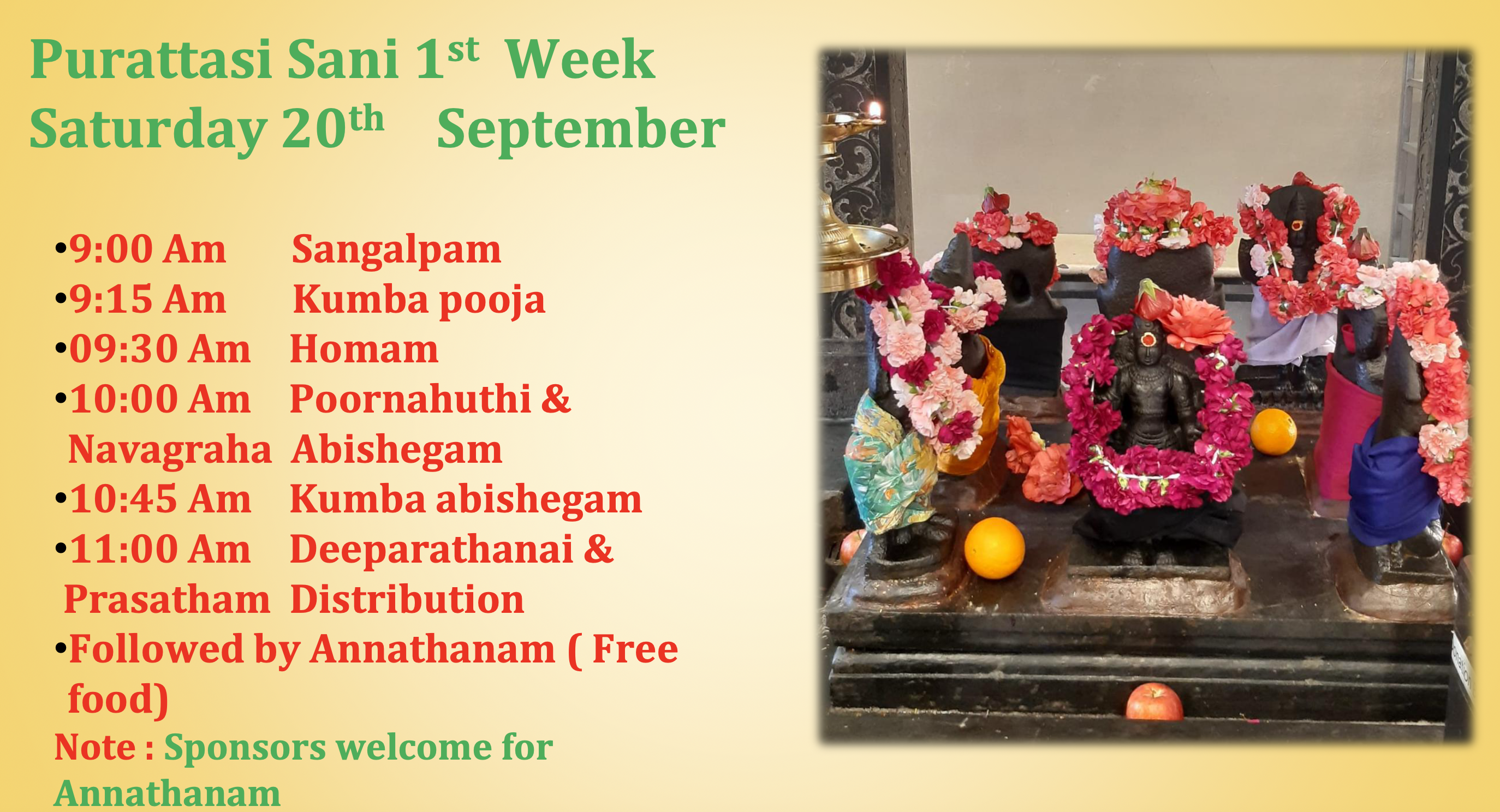 Sat 20th Sep – Purattasi Sani (1st Week)